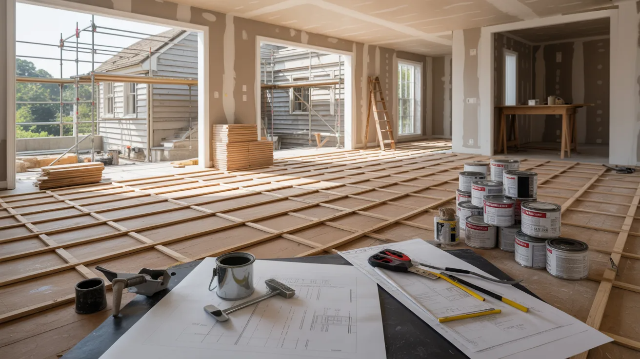 A construction room filled with tools and materials for building a house, showcasing an active work environment.