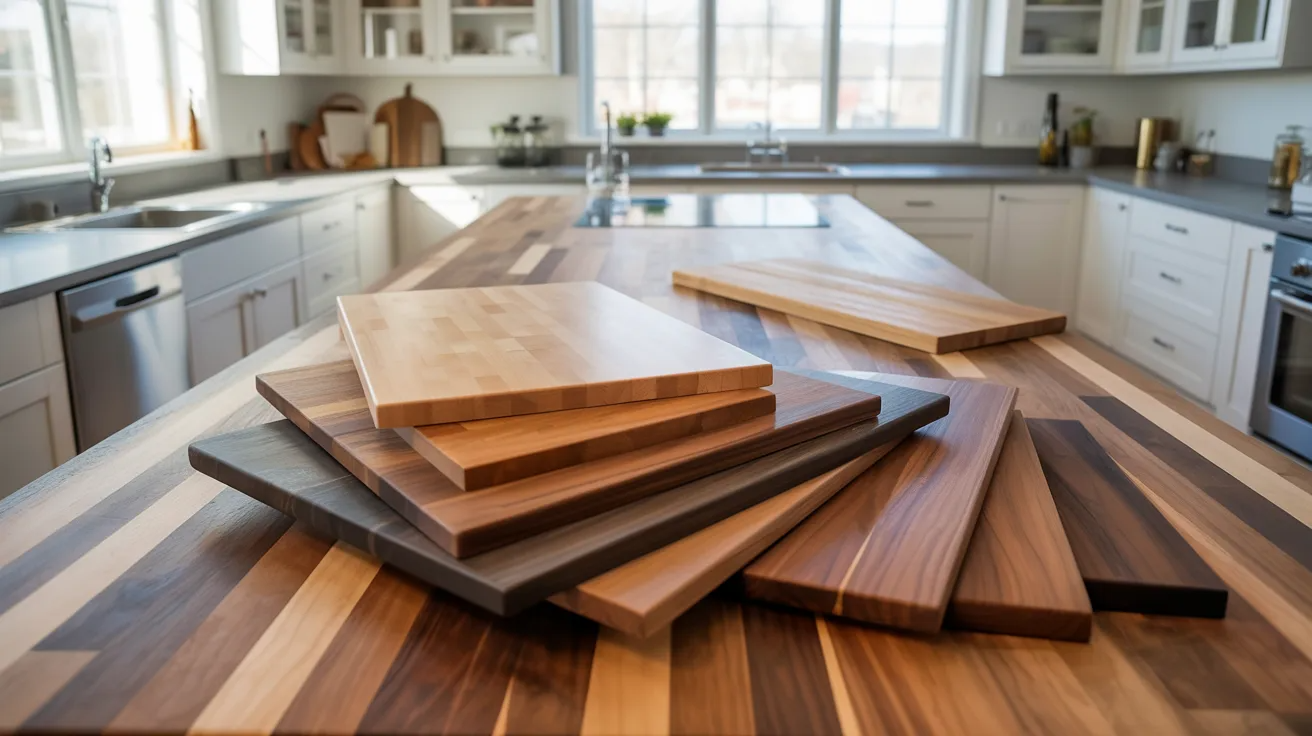 A kitchen counter displaying multiple cutting boards arranged neatly on its surface.