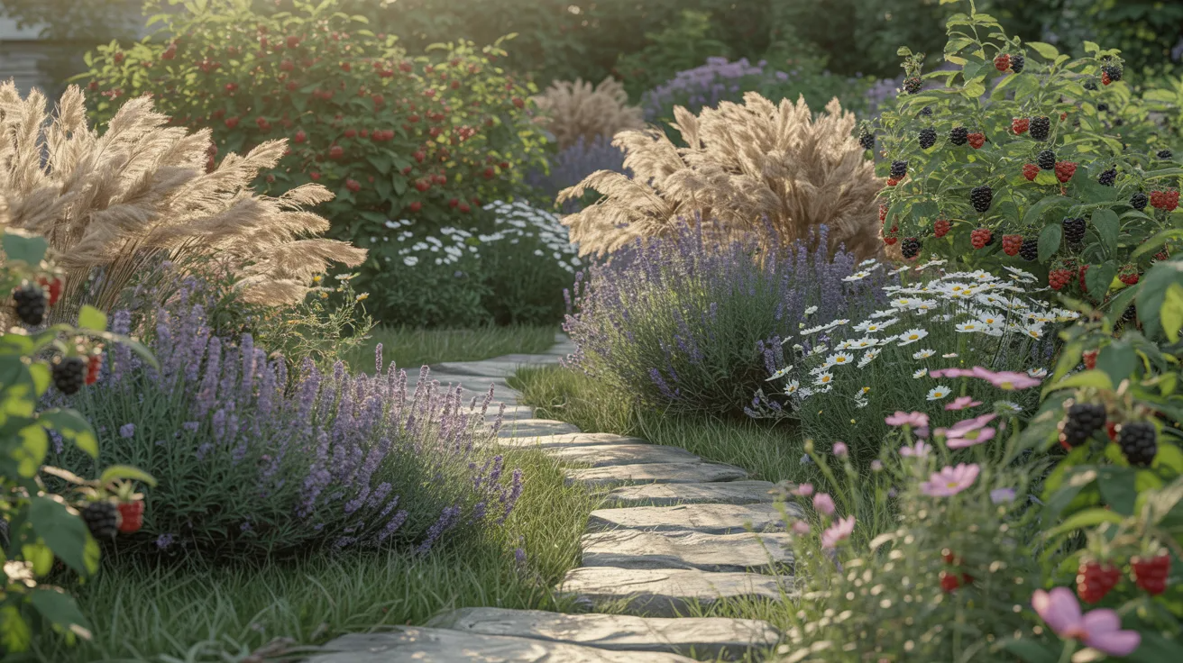 A stone path leads through a vibrant garden filled with various flowers and lush plants.
