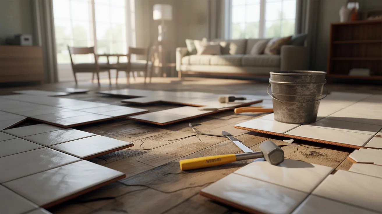 A room featuring a bucket and various tools scattered on the floor, indicating a work or repair activity in progress.