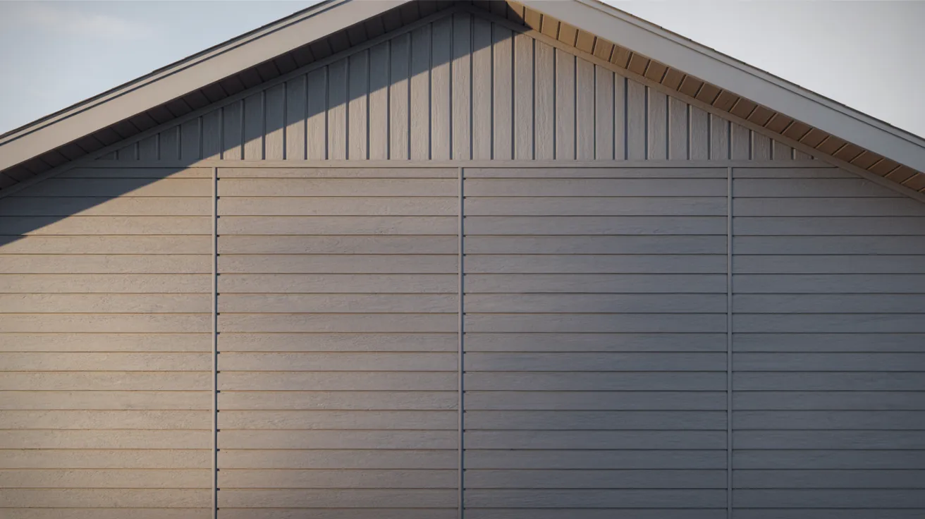 Close-up of a house featuring gray siding, highlighting its texture and architectural details.