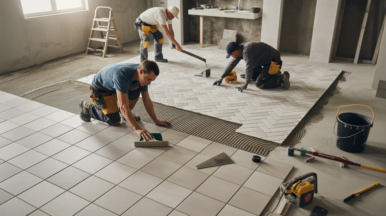 Three men installing tiles on a floor in a residential home, focused on their work and collaborating effectively.