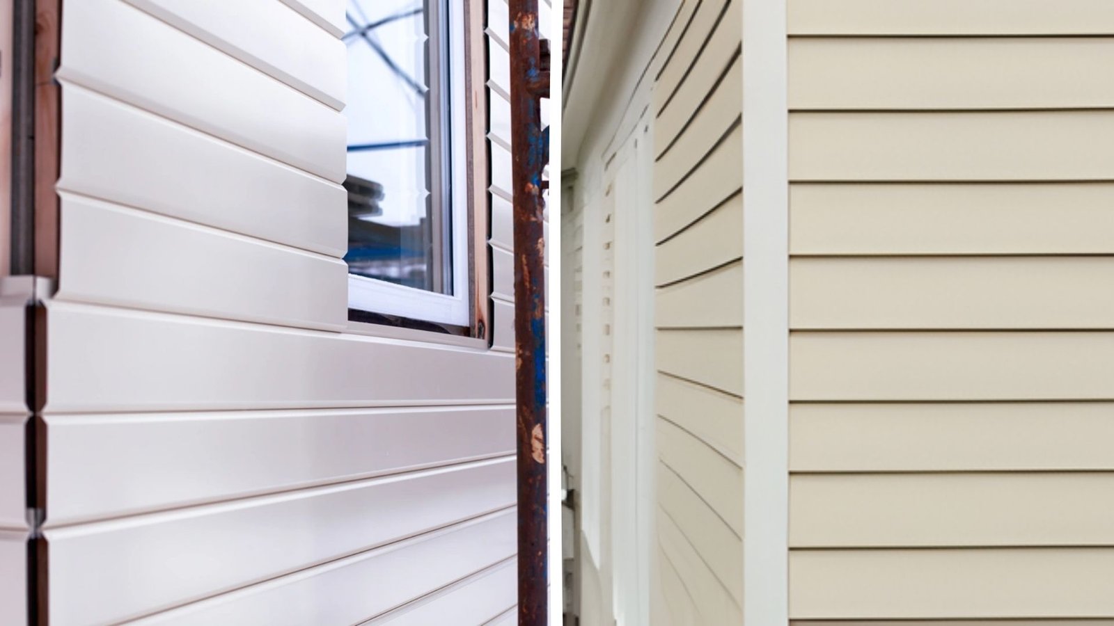 Close-up of two neighboring houses with beige vinyl siding. A narrow gap between them creates a sense of confinement. A window is partially visible.