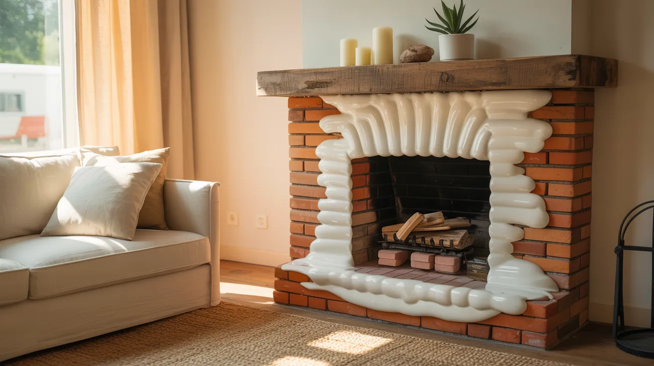 A cozy fireplace against a white brick wall, complemented by a stylish white couch in a modern living room setting.