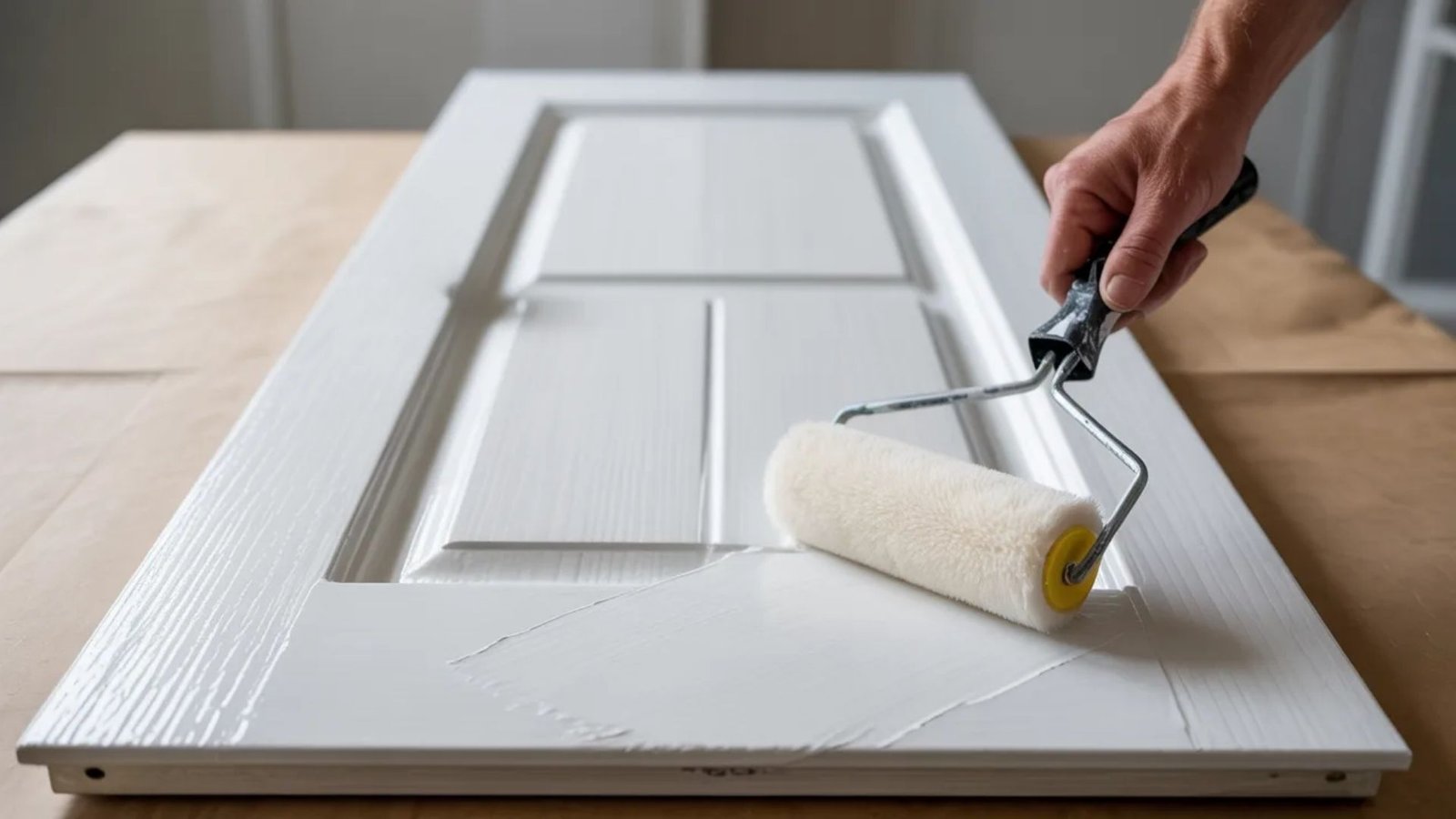 A hand uses a paint roller to apply white paint to a flat interior door on a wooden table. The scene conveys a sense of focus and home renovation.