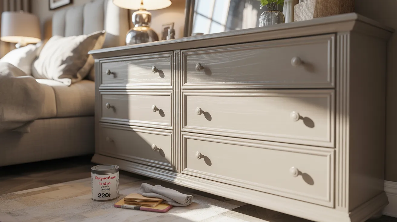 A beige dresser with six drawers stands in a sunlit bedroom, next to a bed with pillows. Nearby, a paint can and brushes suggest recent refurbishing.