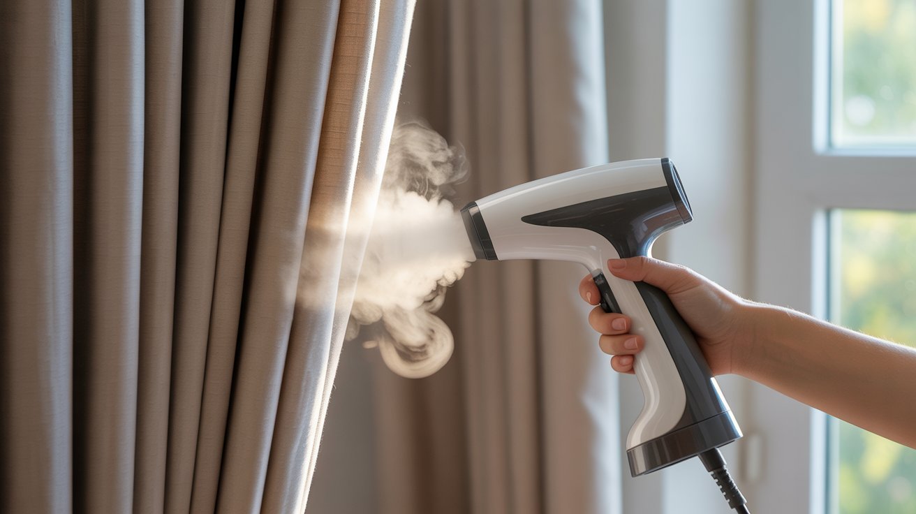 A person steam-ironing a curtain to remove wrinkles and moisture, ensuring a smooth and fresh appearance.
