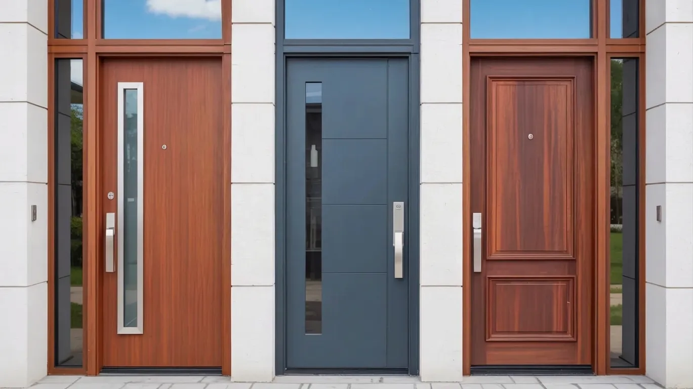 Three modern front doors in a row. Left: wood with vertical glass. Center: dark blue with small glass. Right: traditional wood with paneling. Sophisticated feel.