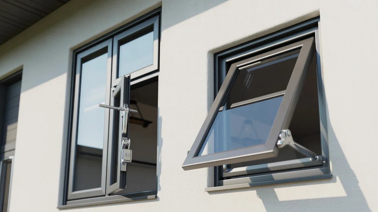 Two modern casement windows on a beige wall, open outward with sleek gray frames. Sunlight casts soft shadows, creating a minimalist and airy feel.