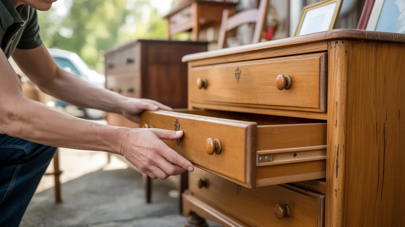 Person opening a wooden dresser drawer outdoors. The scene conveys a sense of curiosity and nostalgia, with sunlight filtering through the trees.