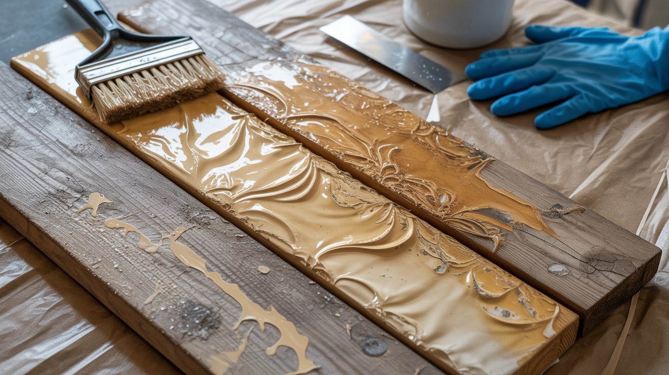 A person painting a wooden board with a brush, focused on adding color to the surface.