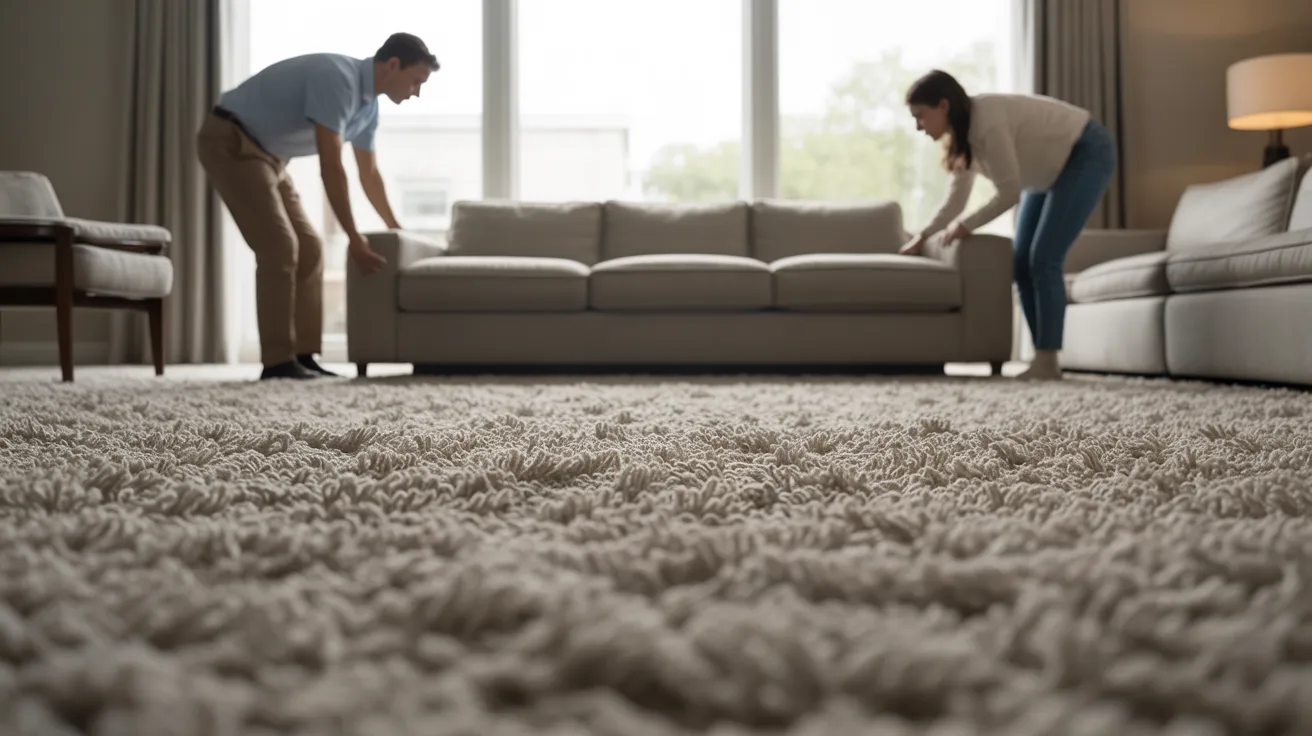 A technician cleans a carpet in a living room, using a vacuum and cleaning solution to remove dirt and stains.