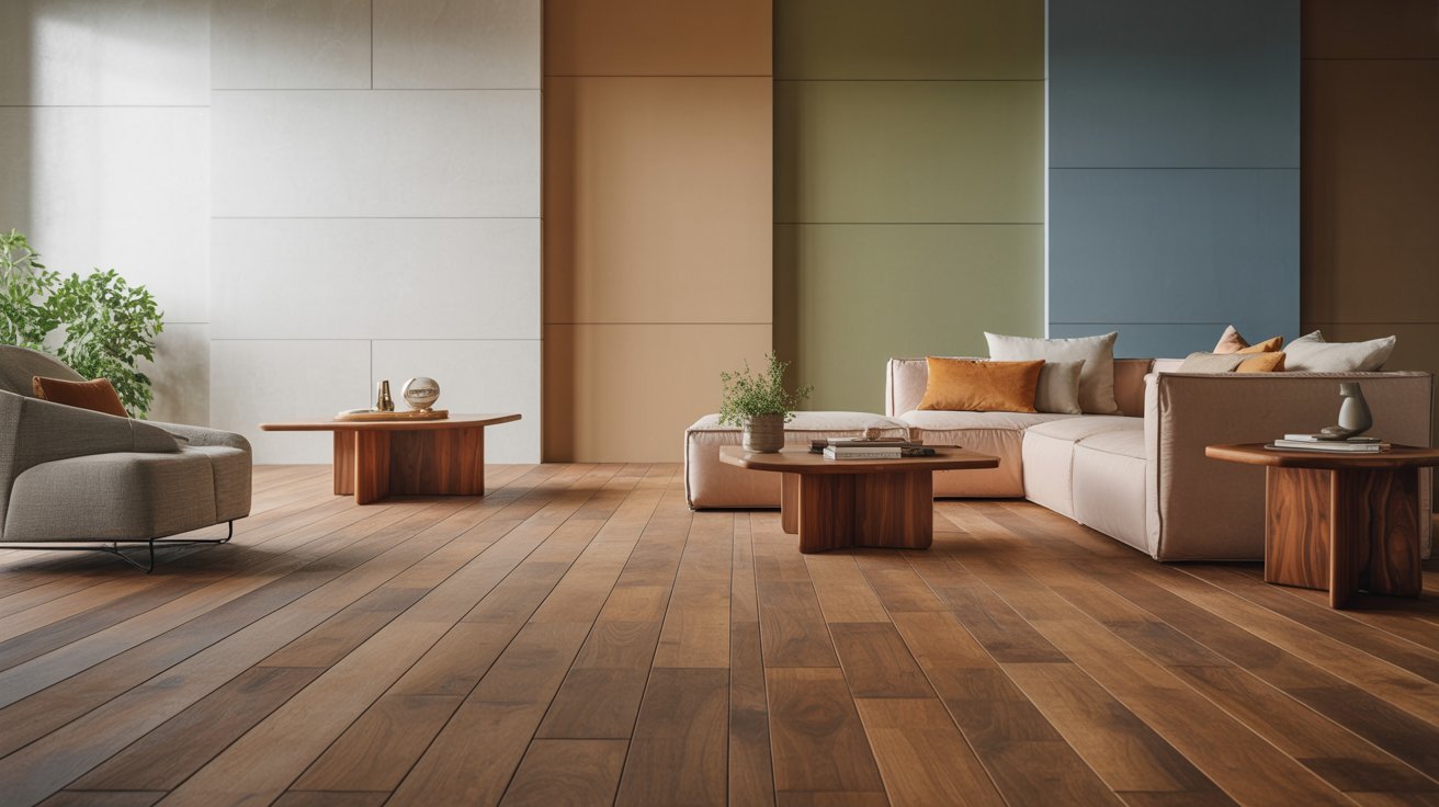 A cozy living room featuring wooden floors and matching wooden furniture, creating a warm and inviting atmosphere.