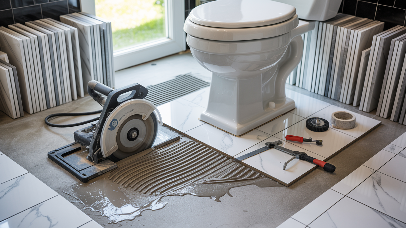 A bathroom renovation scene shows a toilet, tile cutter, and tools on a half-tiled floor. Stacked tiles line the walls, creating a work-in-progress vibe.