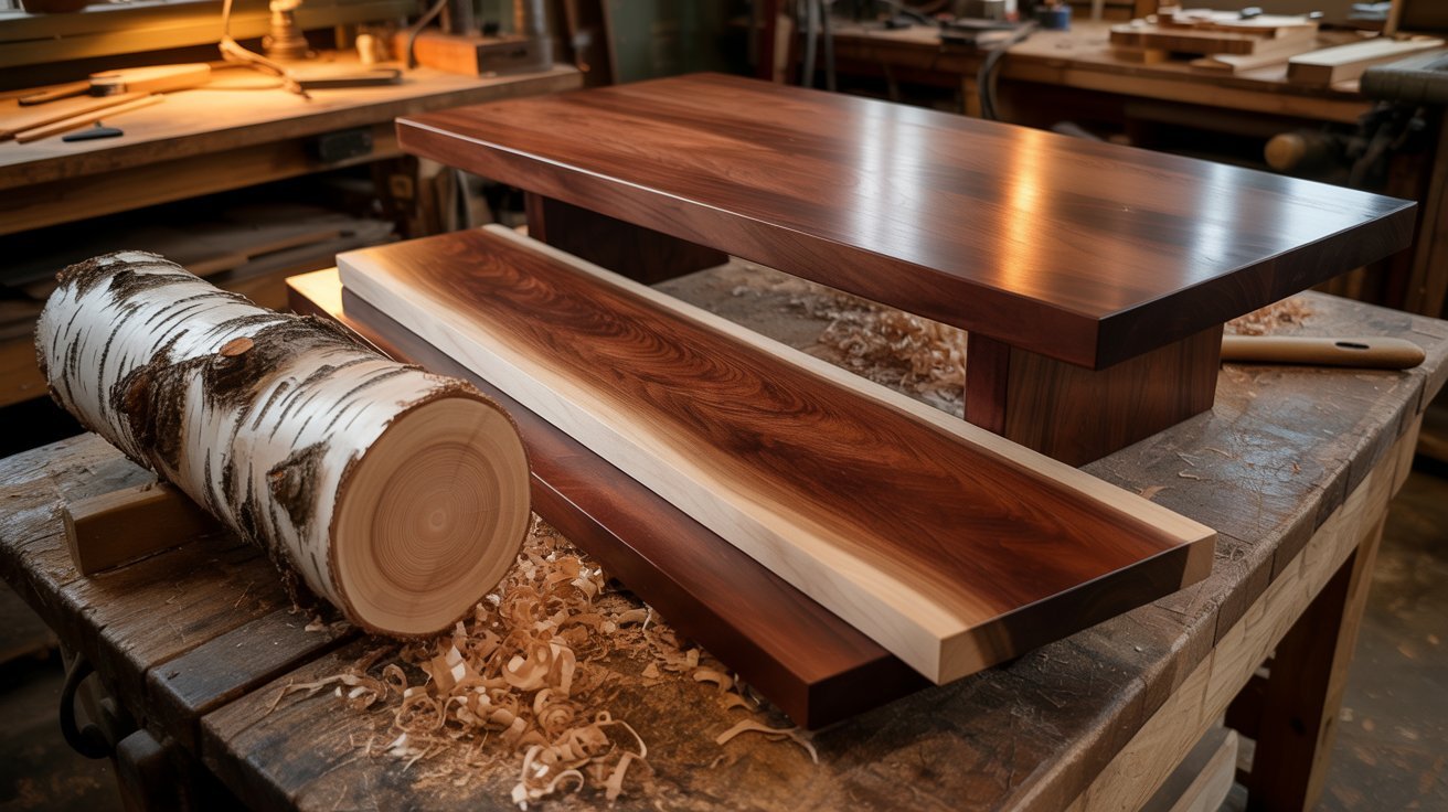 A wooden table featuring a log placed on its surface, showcasing natural textures and earthy tones.