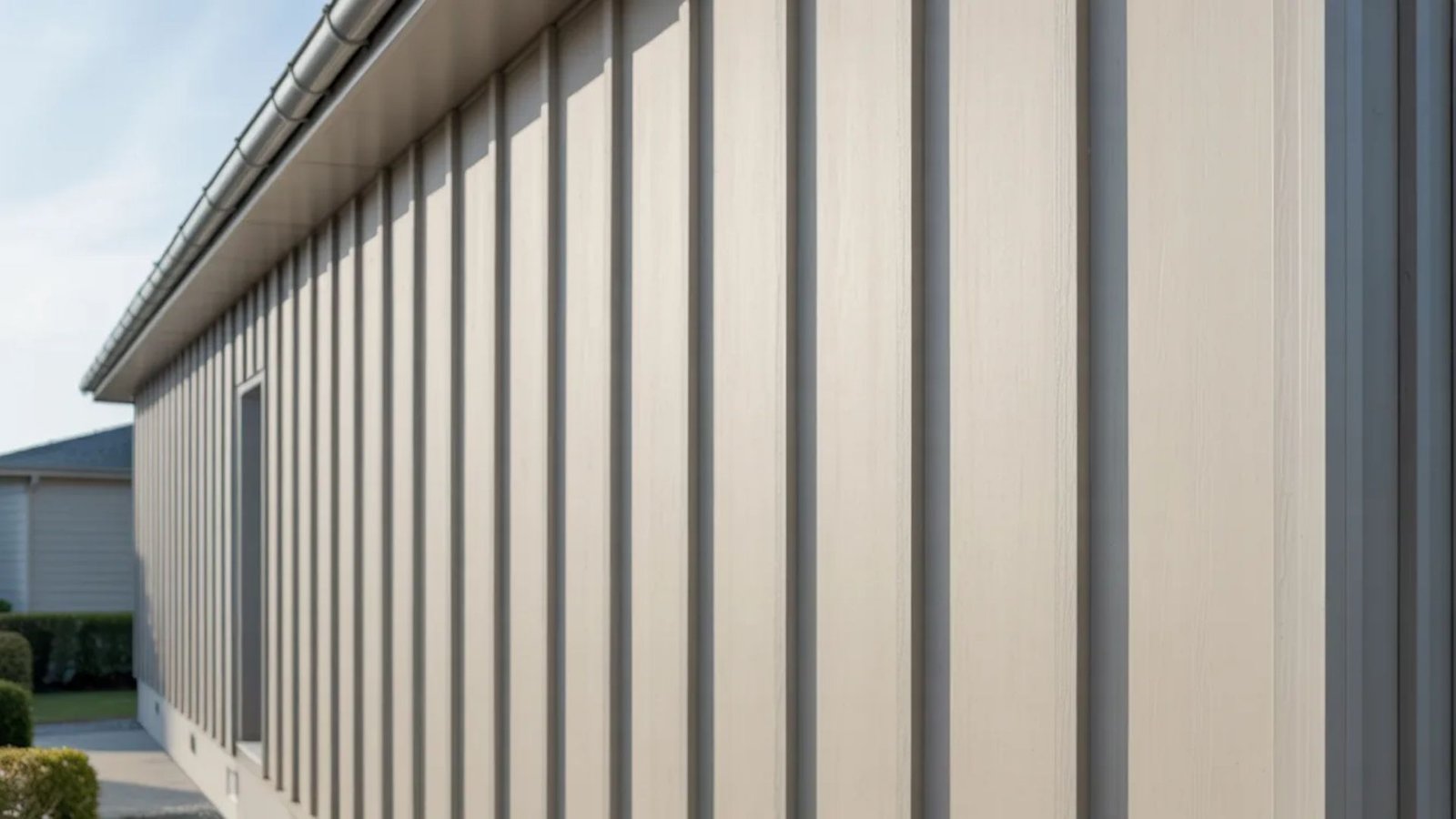 Close-up of a metal building featuring a sleek white roof against a clear sky.