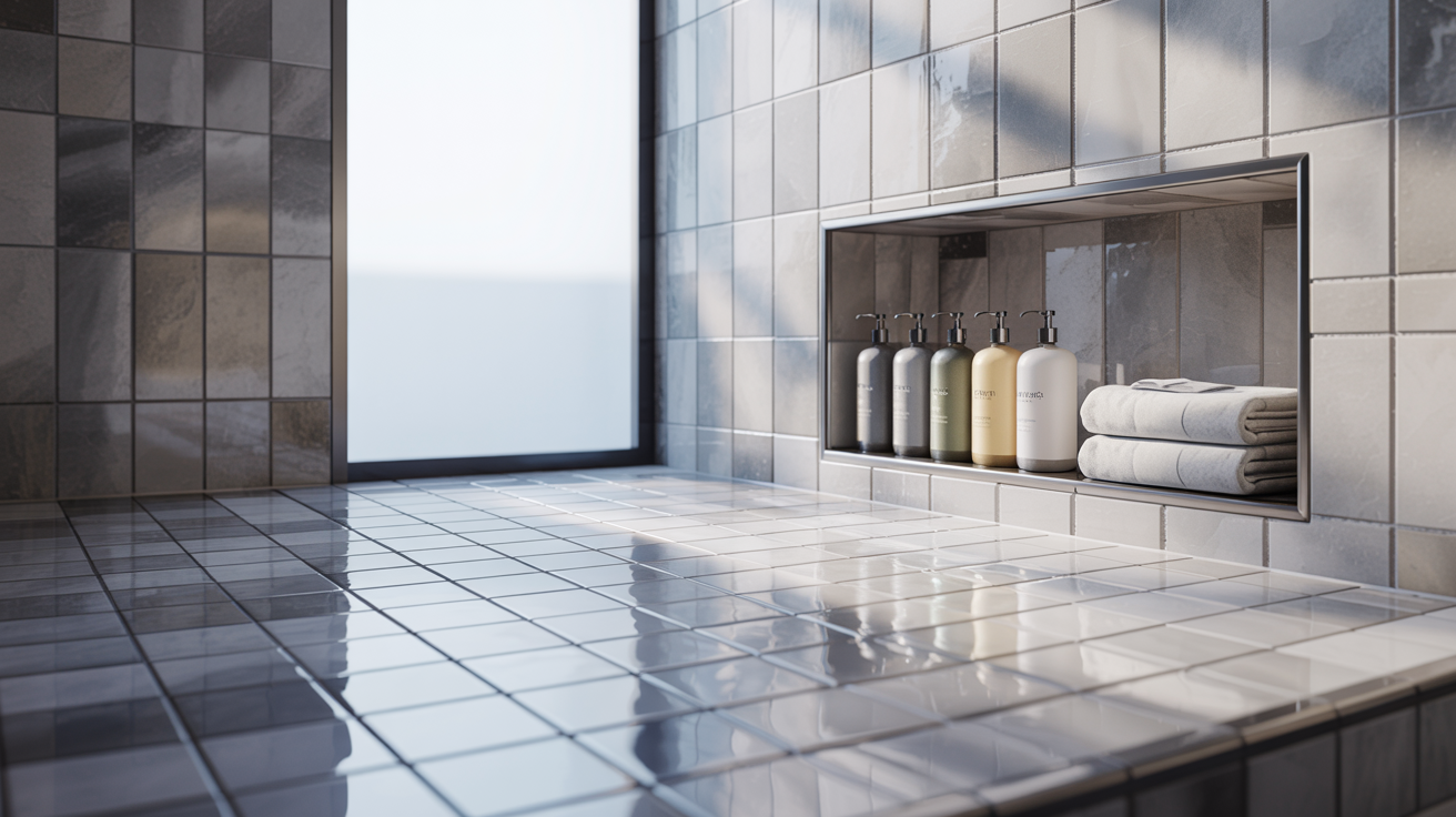 Sleek modern bathroom with glossy gray tiles. Built-in shelf holds shampoo bottles and folded towels. Soft light streams through a frosted window.
