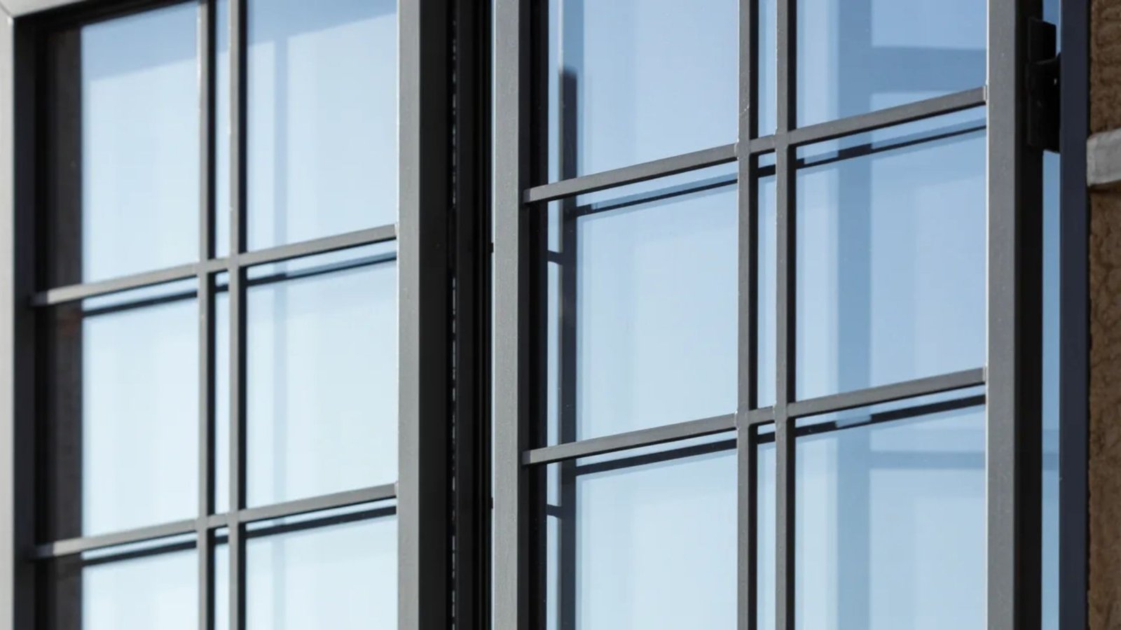 Close-up of a window featuring a large, clear glass pane reflecting light and surrounding elements.