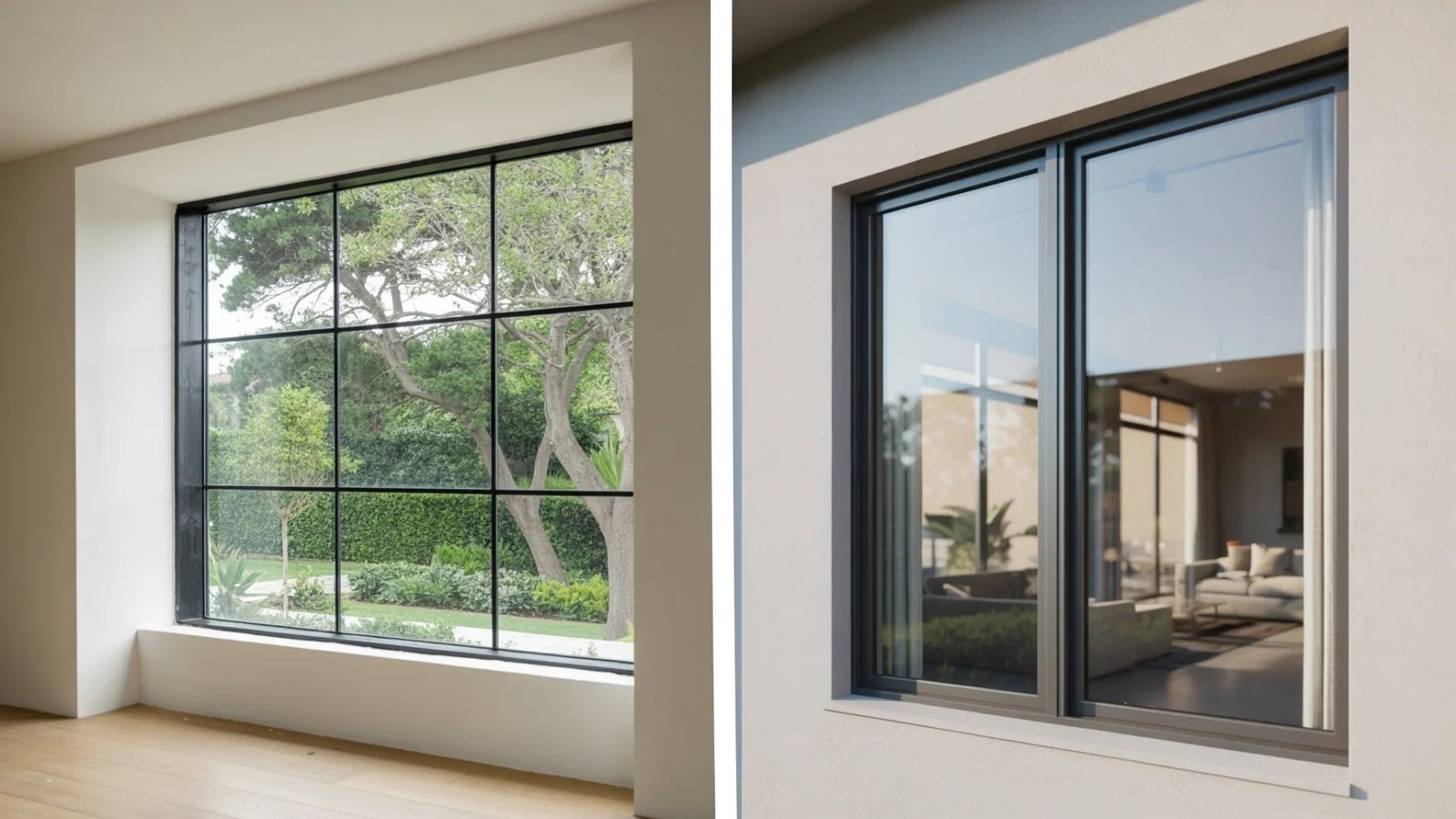 Two images showing a window with a glass door and a separate window, highlighting their design and features.