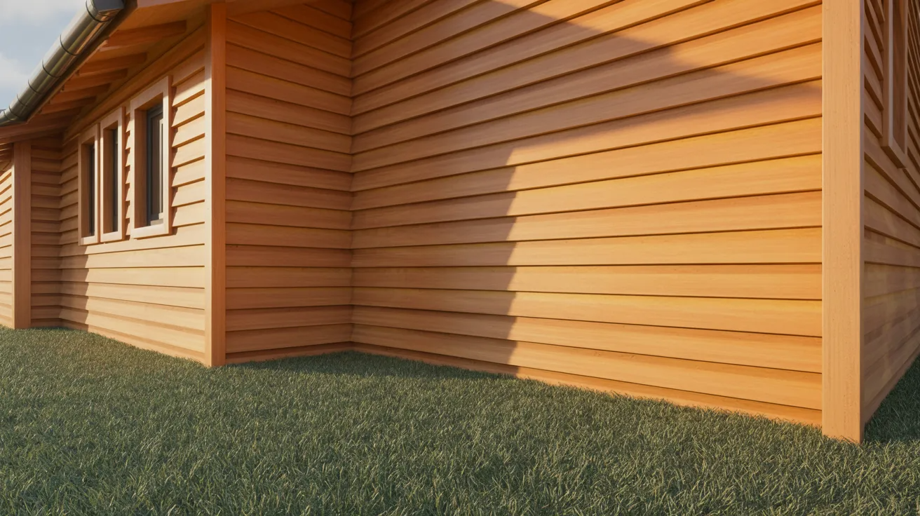 Side view of a house with light brown horizontal siding and three windows, casting shadows on green grass beneath a sunny, clear sky.