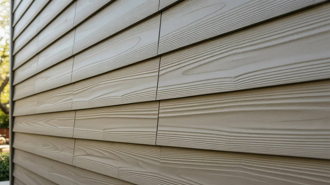 Close-up of beige wood-textured siding panels. The pattern mimics natural wood grain, creating a warm, inviting feel. Sunlight casts soft shadows.