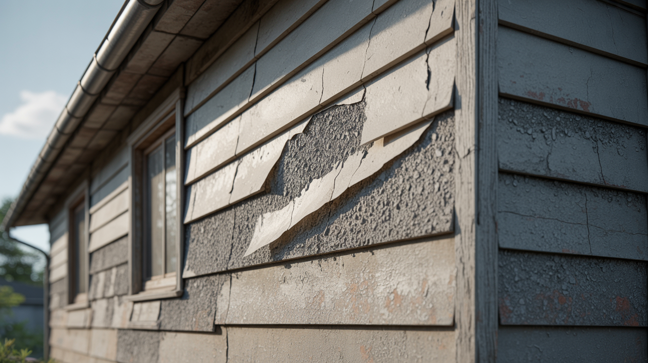 A weathered house with peeling gray paint on the siding, revealing rough texture beneath. The atmosphere is neglected yet calm, under a clear blue sky.