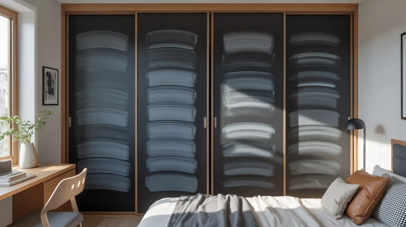 A cozy bedroom featuring a bed, a desk, and sliding doors leading to an outdoor space.