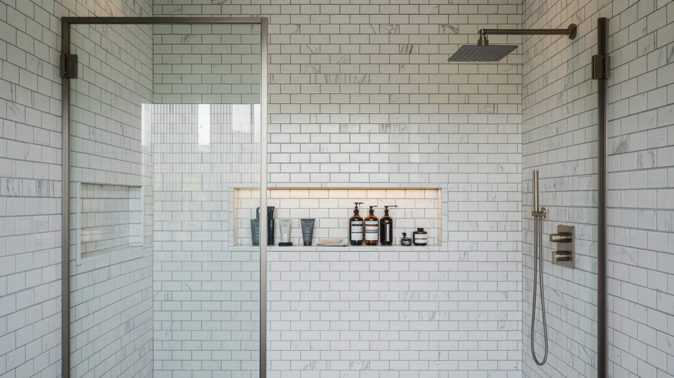 A modern bathroom featuring a glass shower door and a sleek sink, showcasing a clean and minimalist design.