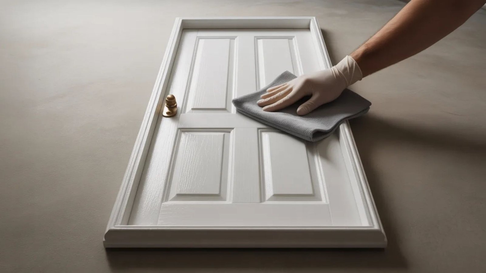A person wearing a glove carefully cleans a miniature white door laid on a flat surface. The scene conveys cleanliness and attention to detail.