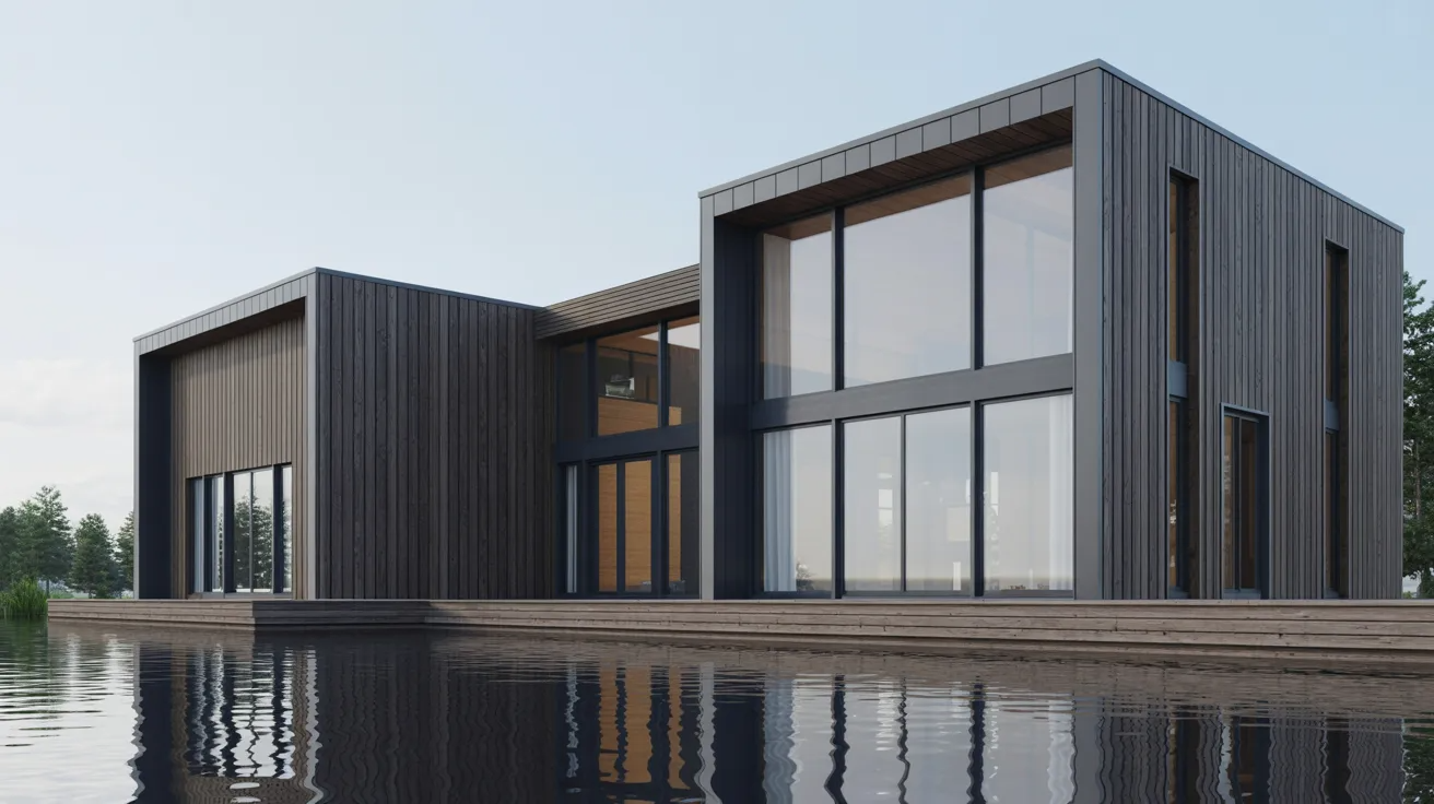 Modern house featuring large windows, surrounded by greenery and a serene pond in the foreground.