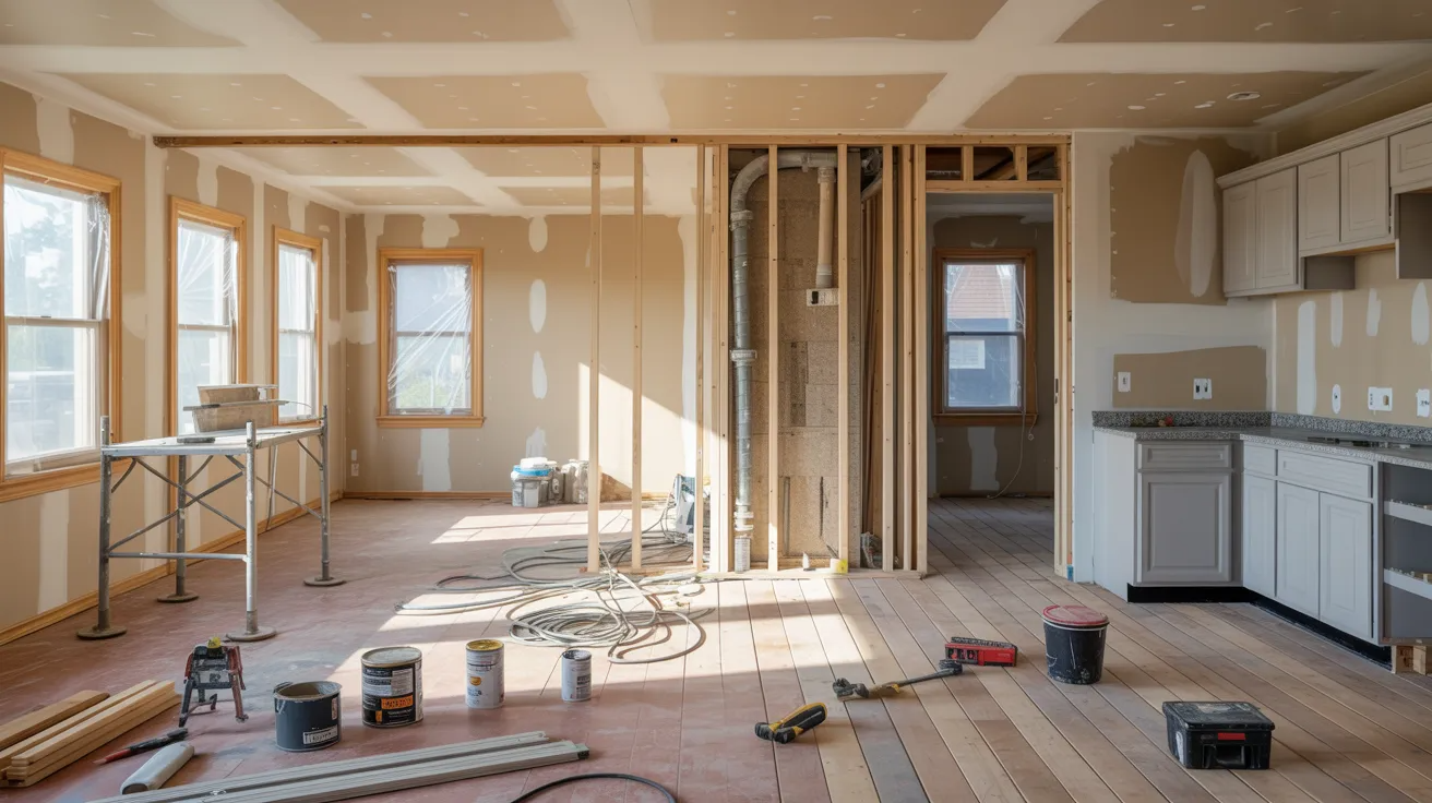 A kitchen filled with various construction materials, including wood, tiles, and tools, indicating ongoing renovations.
