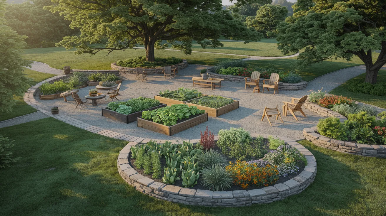 A circular seating area surrounded by a lush garden, featuring vibrant flowers and greenery in a serene outdoor setting.