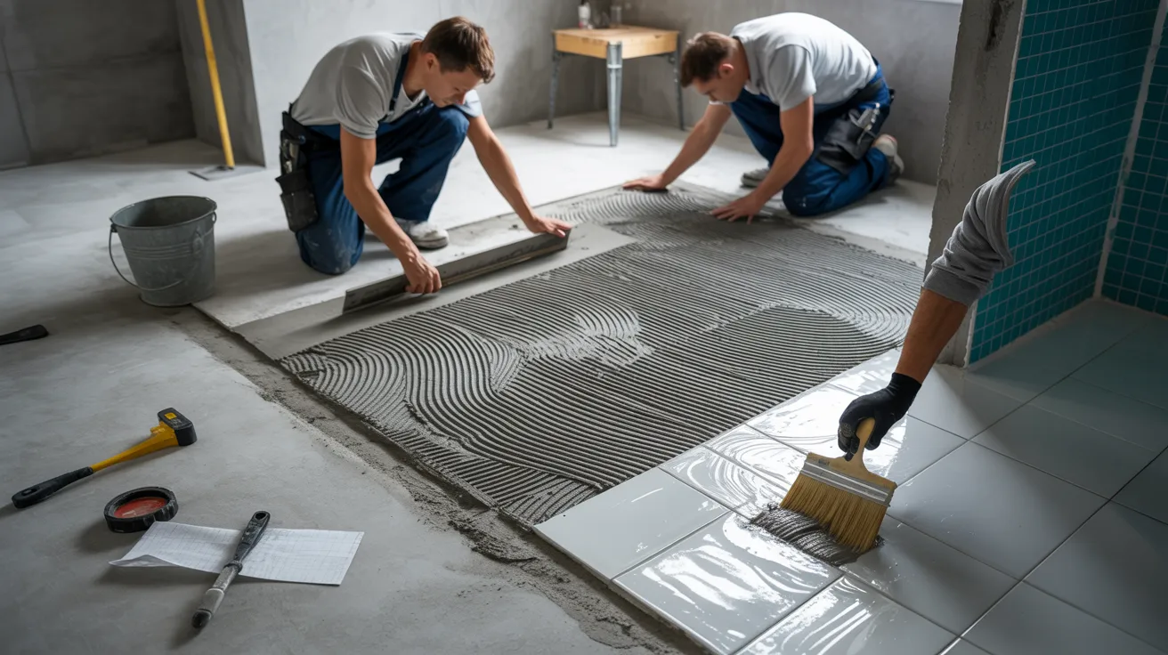 Two men are installing tiles in a bathroom, focused on their work and collaborating on the project.