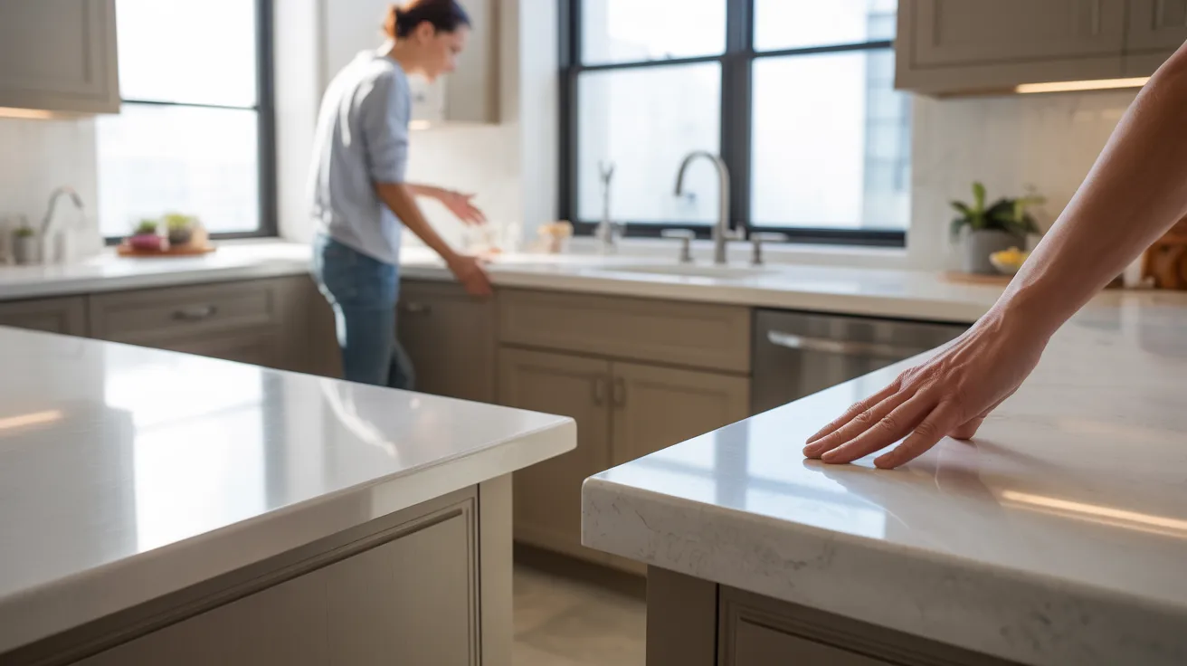 A person stands in a kitchen beside a countertop, surrounded by kitchen appliances and utensils.