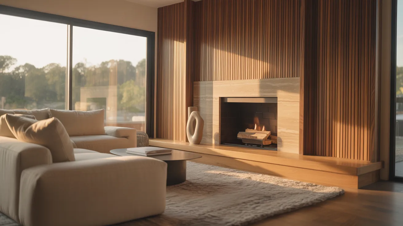 A cozy modern living room with a beige sectional sofa, a light wood-paneled wall, and a lit fireplace. Sunlight streams through large windows, creating a warm ambiance.