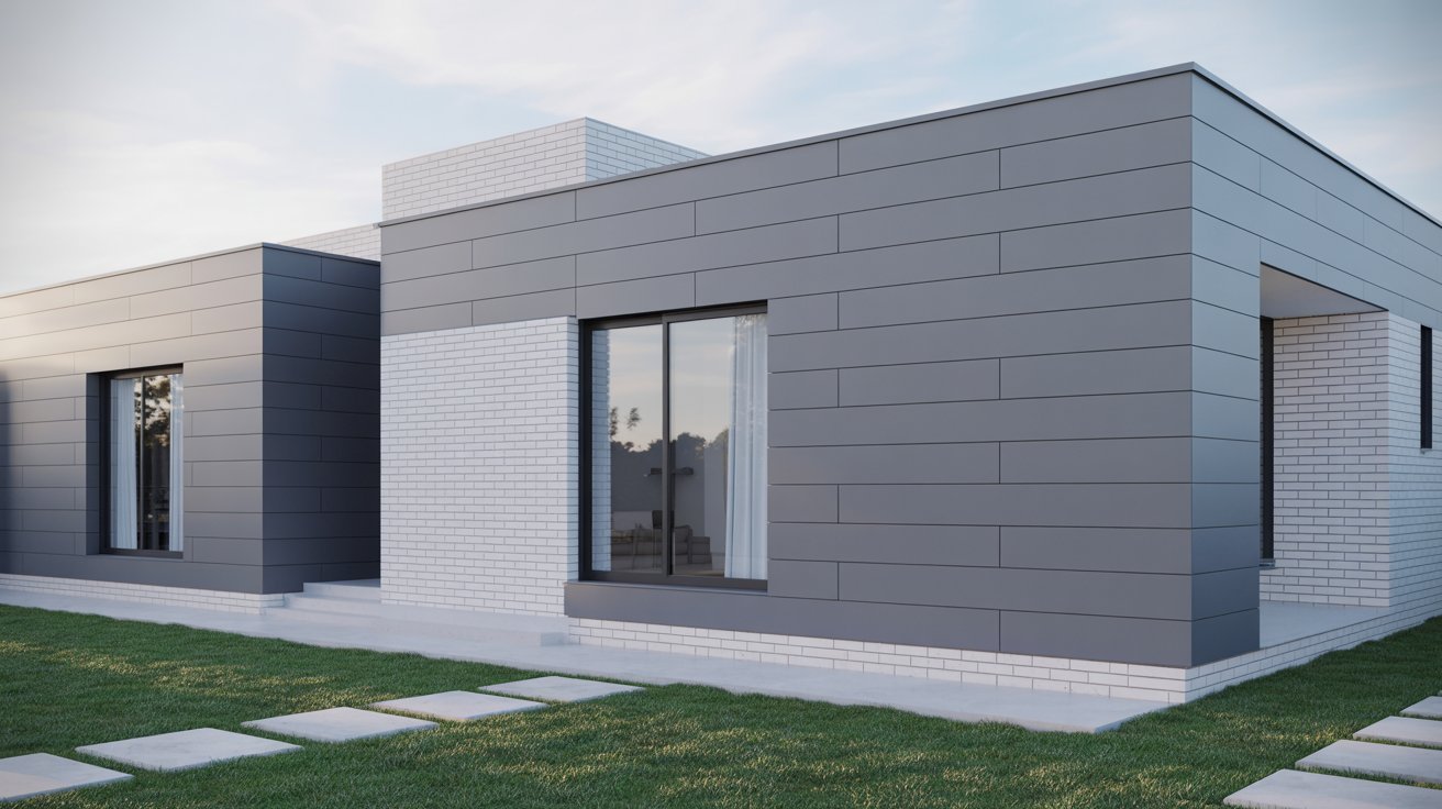 Modern house featuring a sleek grey exterior complemented by crisp white trim.