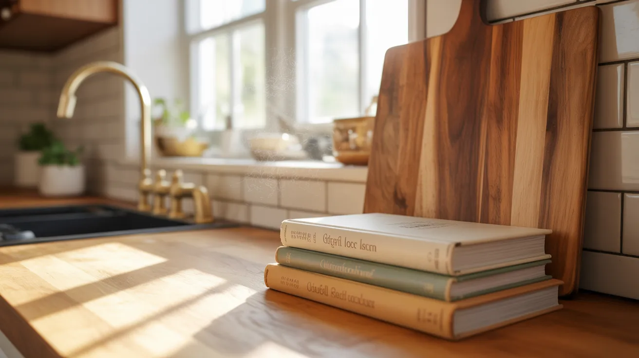 Sunlit kitchen counter with stacked cookbooks and a wooden cutting board. A modern faucet and potted plant add warmth and coziness to the scene.