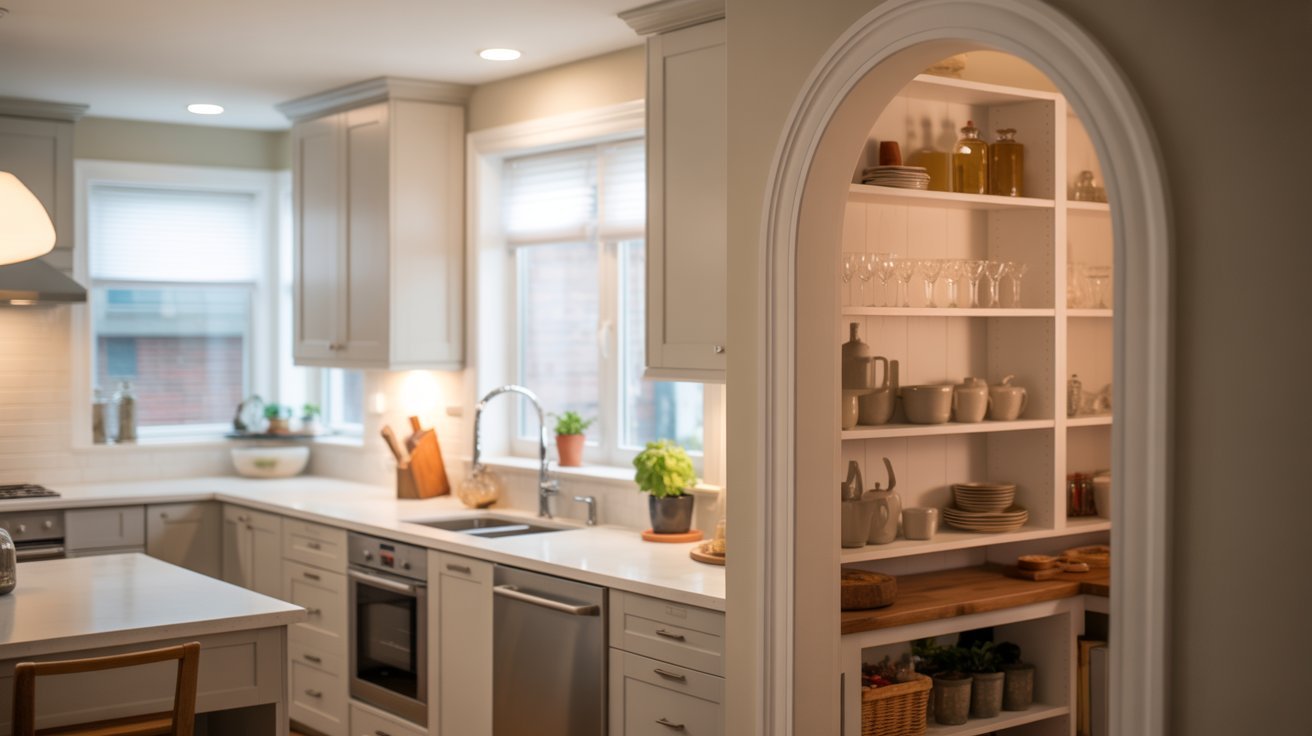 A kitchen featuring a large open shelf above a sink, showcasing a clean and organized cooking space.