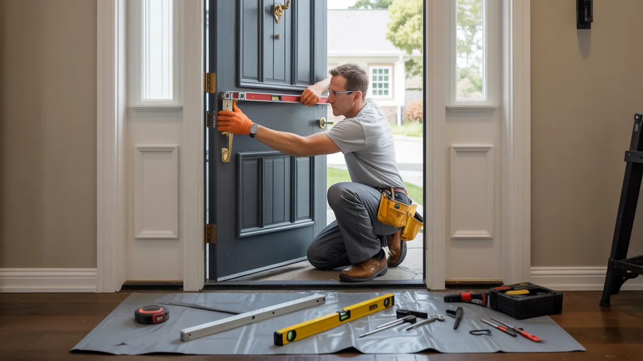 A man kneeling by an open front door, using a level to install it. He wears safety glasses and a tool belt. Tools and a tarp are on the floor, conveying focus and precision.