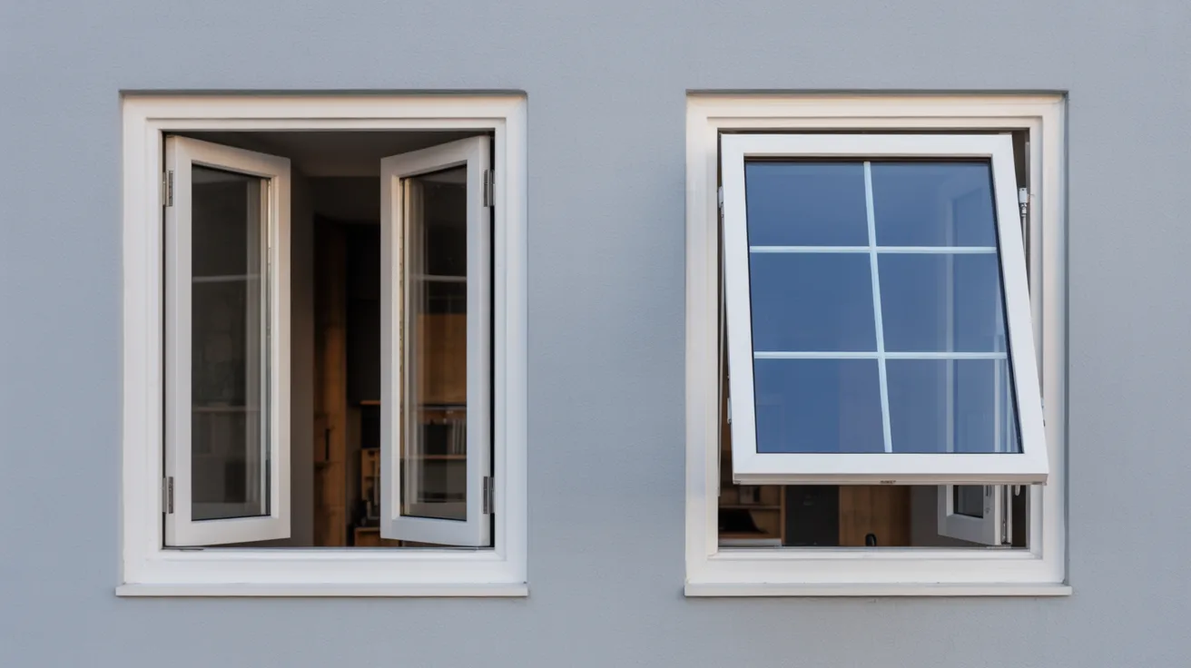 Two white-framed windows on a gray wall; the left double-hinged window is open inwards, while the right tilts forward, creating a geometric contrast.