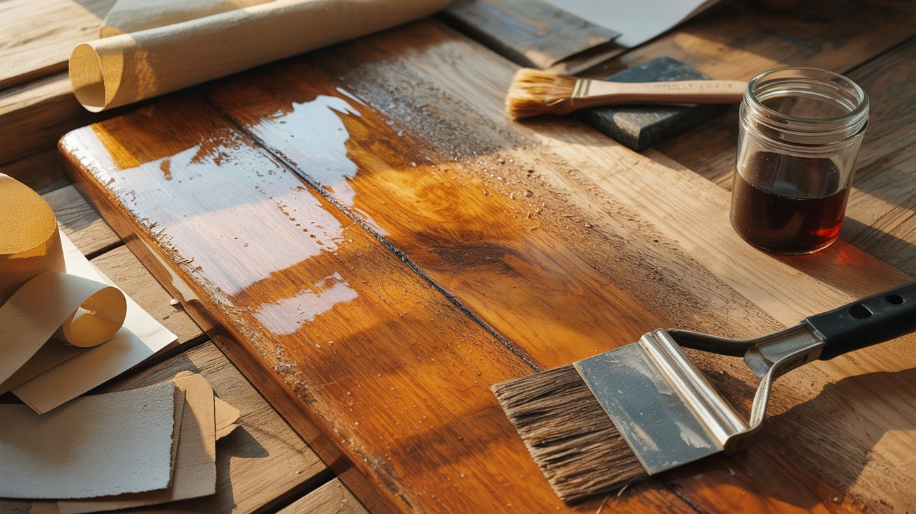 A wooden table displaying a paintbrush alongside various art tools and supplies.