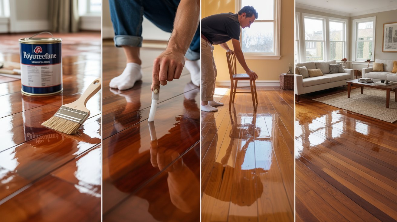 A man carefully paints a wooden floor with a brush, focusing on even coverage and detail.