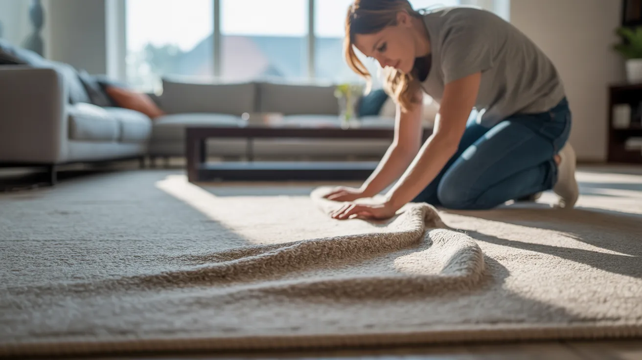 A woman is scrubbing a rug on the floor, focused on cleaning it thoroughly.