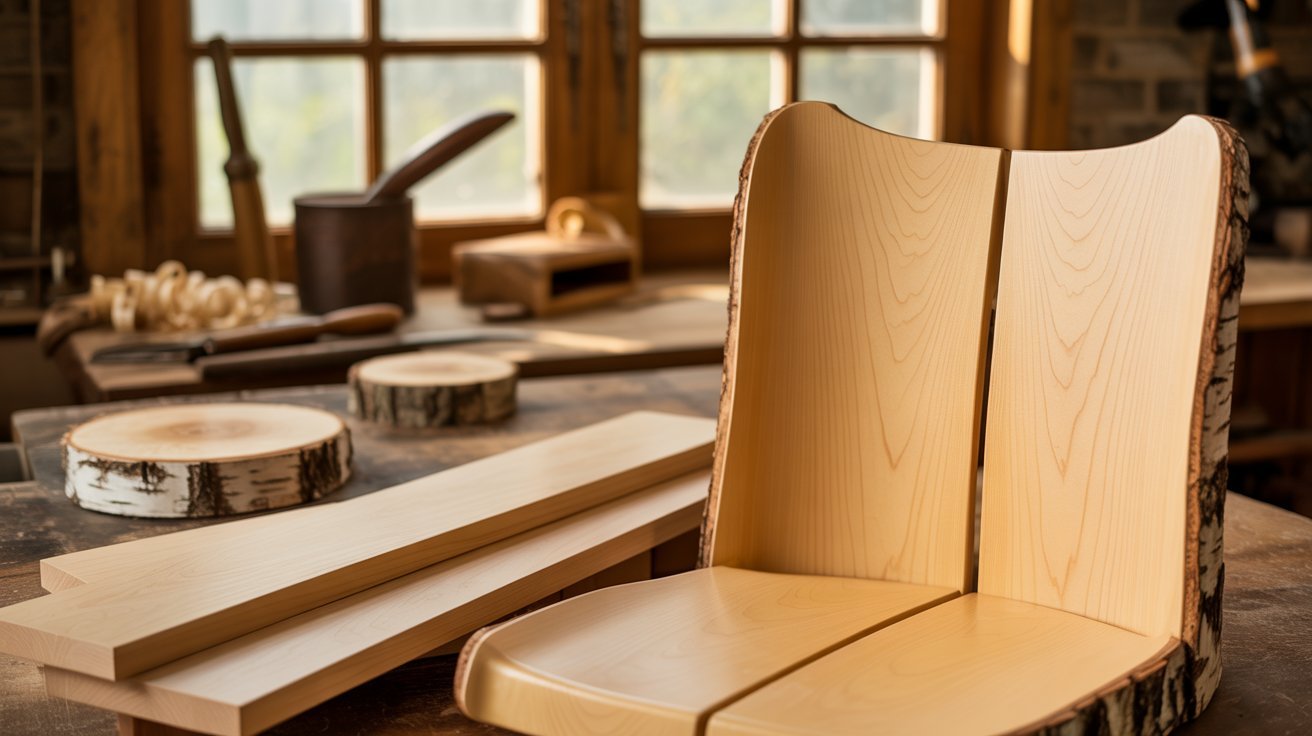 A wooden chair placed on a table surrounded by various woodworking tools, showcasing a crafting workspace.