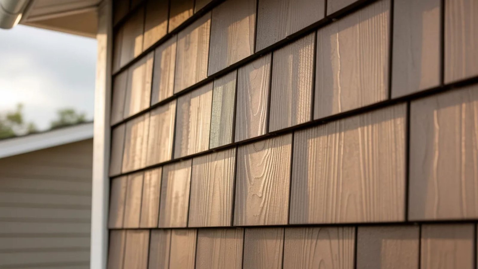 Close-up view of house siding, showcasing texture and color details of the material used for exterior walls.