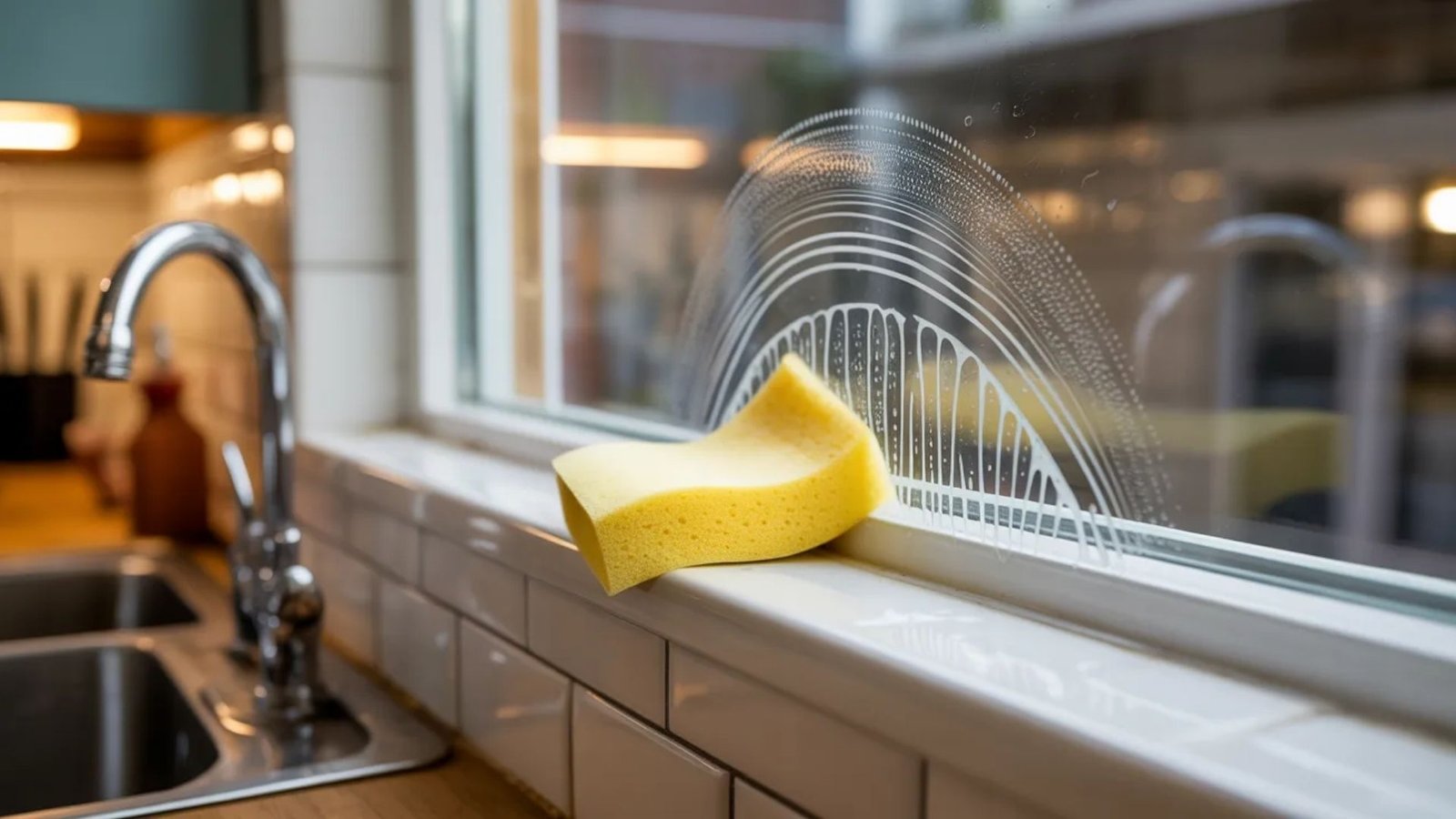 A bright yellow sponge resting on a window sill, with sunlight illuminating its texture and color.