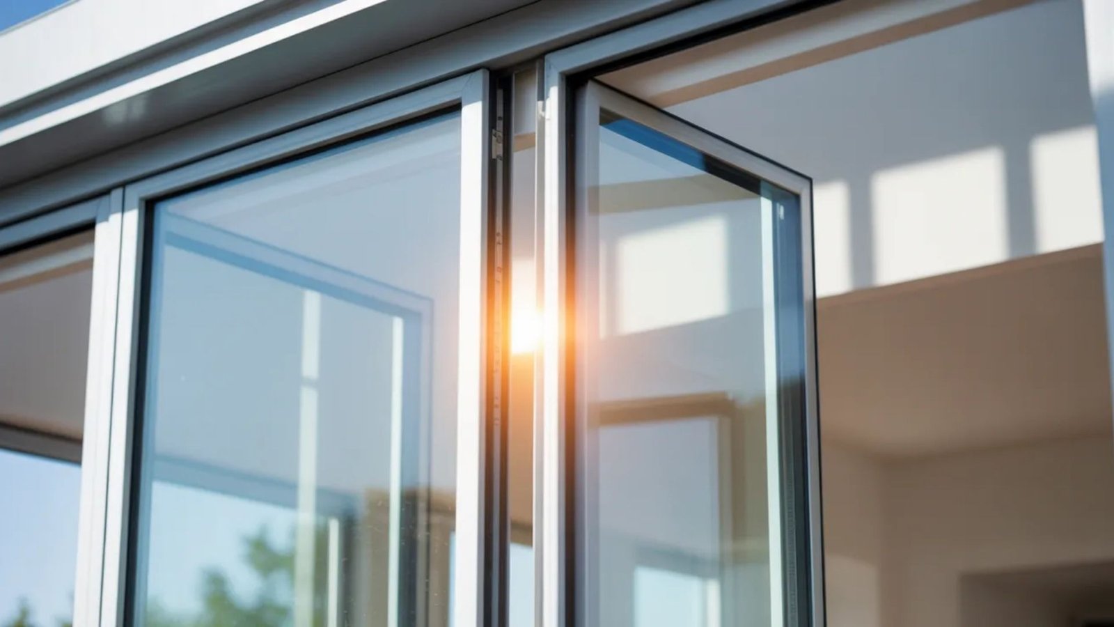 A sliding glass door illuminated by sunlight, creating a warm and inviting atmosphere indoors.