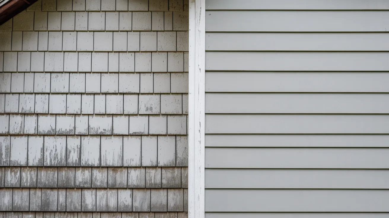 Comparison of two siding types: aged, weather-stained wood shingles on the left and clean, well-maintained horizontal panels on the right.