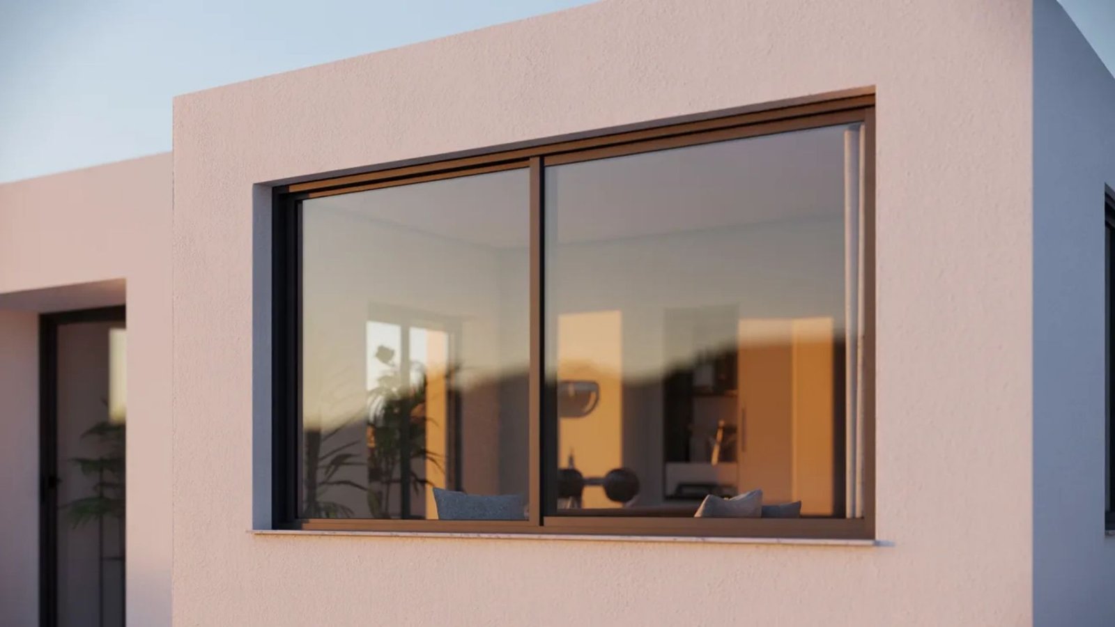 A modern home's window showcasing a clear view of the outside landscape.