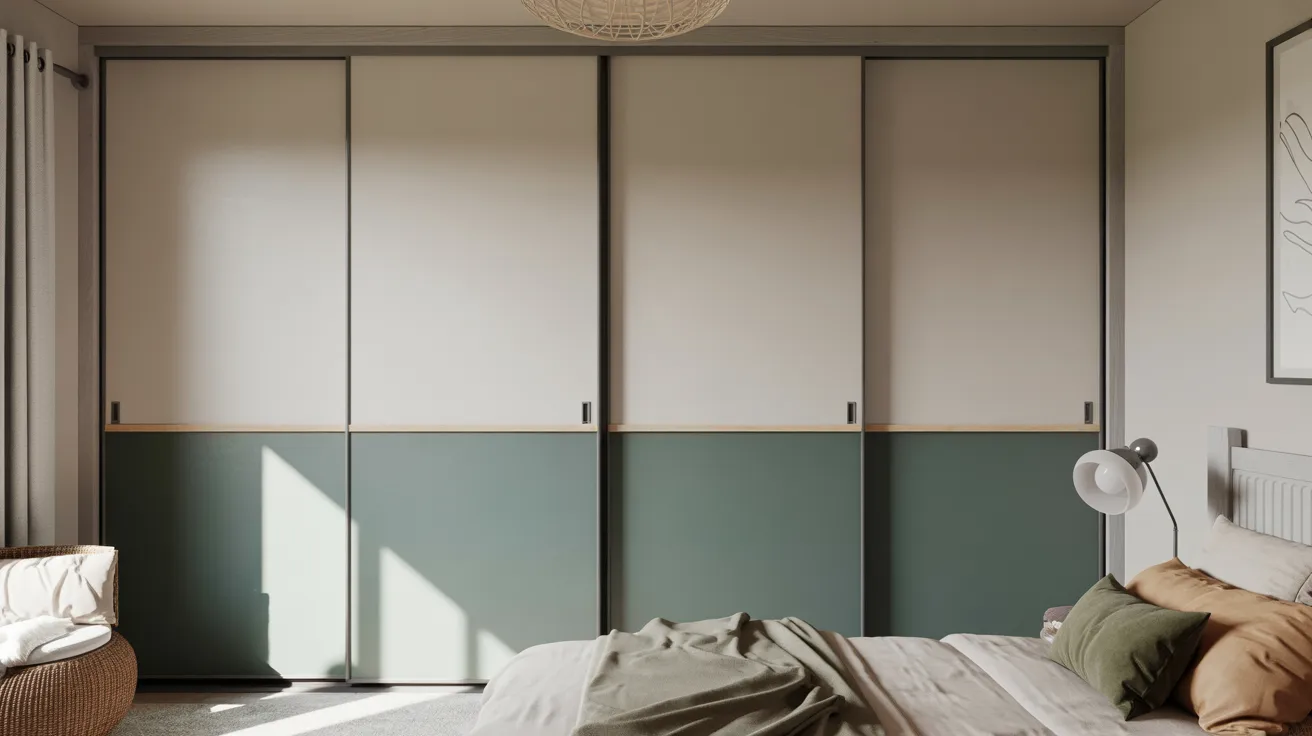 A cozy bedroom featuring green and white doors, creating a fresh and inviting atmosphere.